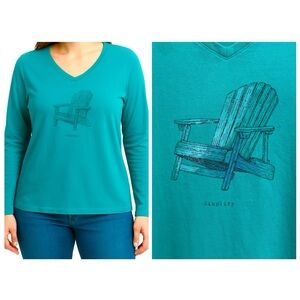 LIFE IS GOOD WMN LONG SLEEVE CRUSHER TEE 2X TEAL V NECK SIMPLIFY NORMCORE CASUAL